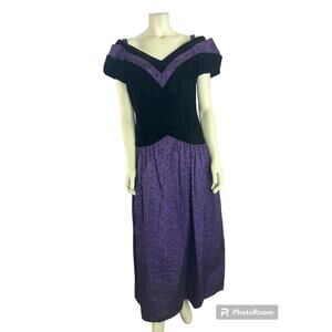 1980's vintage prom dress purple velvet and black floral skirt size 14